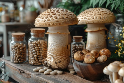 Shiitake mushrooms arranged next to natural herbal supplement capsules, illustrating a concept of alternative medicine.