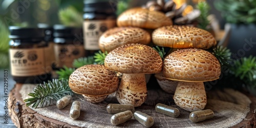 Shiitake mushrooms arranged next to natural herbal supplement capsules, illustrating a concept of alternative medicine.