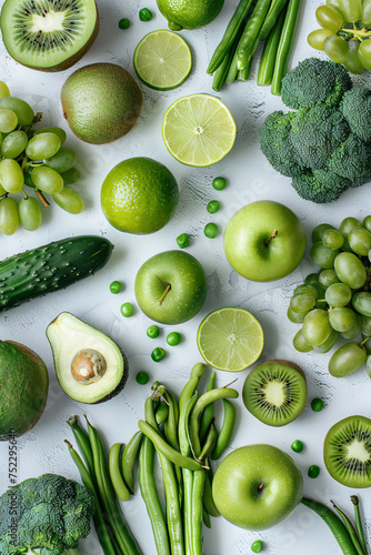 A dazzling display of green fruits and vegetables on a white table, showcasing natures vibrant colors and textures