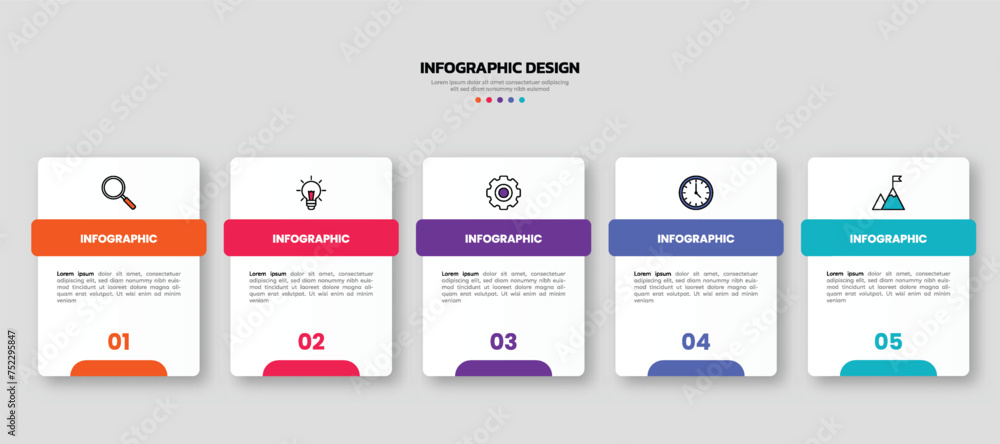 Modern business infographic template, geometric shape with 5 options or steps icons. Modern business infographic template, geometric shape with 5 options or steps icons.