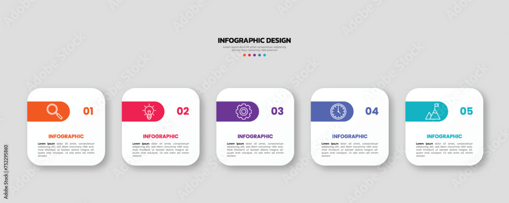 Modern business infographic template, geometric shape with 5 options or steps icons.