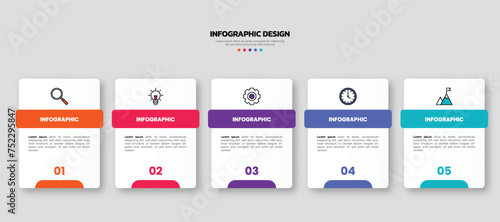 Modern business infographic template, geometric shape with 5 options or steps icons. photo
