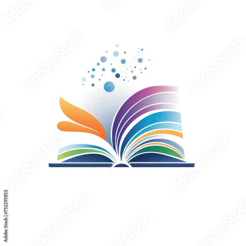 Simple graphic logo of colorful book on white background.