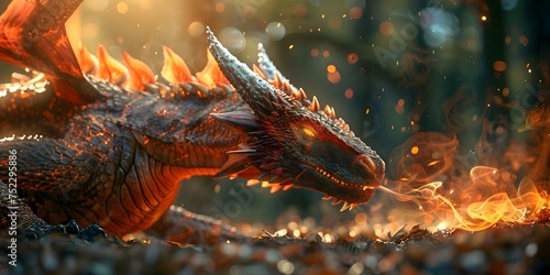 Dragon breathes fire in enchanted forest magical looping timelapse background. Concept Fantasy, Dragon, Enchanted Forest, Fire, Timelapse © Anastasiia