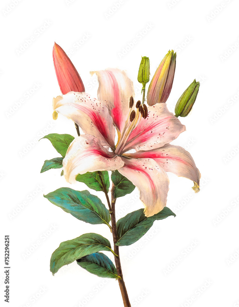 Obraz premium Lilly flower vintage illustration, botanical floral engraving style drawing isolated on white background, antique vintage book style flowers