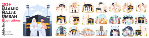 Mega Collection of Hajj and Umrah Illustrations. Muslim People perform Islamic Hajj Pilgrimage. Man and Woman Hajj characters wear ihram clothes with a Kaaba background photo