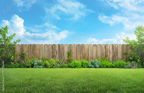 green grass lawn and wooden fence in spring backyard garden