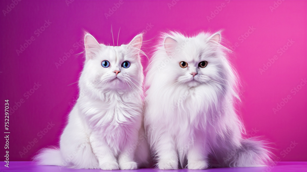 Adorable felines, cute white cats against a bright and lively purple backdrop.