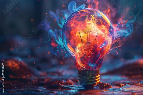 An enigmatic light bulb filled with a vibrant, fiery swirl stands out, symbolizing creativity and a burning passion for innovation