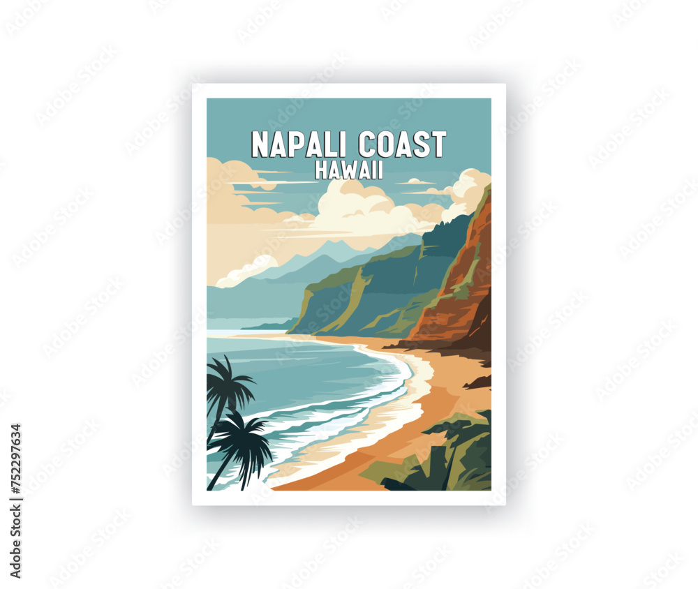 Napali Coast, Hawaii Illustration Art. Travel Poster Wall Art. Minimalist Vector art