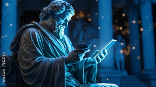 Hand holding smartphone with ancient greek god statue, providing room for text or design elements