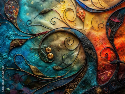 A vibrant and textured abstract artwork combining swirls, colors and embossed effects to create a dynamic visual.