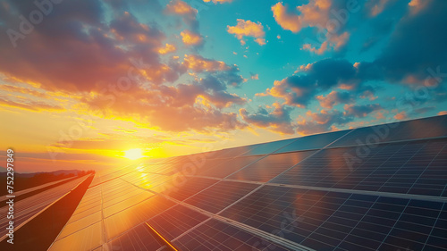 Solar panels at sunset, renewable energy