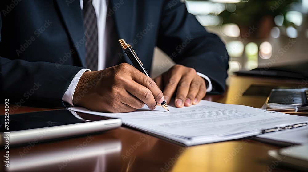 Businessman wearing a smart coat holding a pen writing some report working as financial/banking/accountant/admin/HR Businessman wearing a smart coat holding a pen writing some report working as financial/banking/accountant/admin/HR
