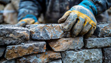 A bricklayer constructs a stone wall using wood, ai technology