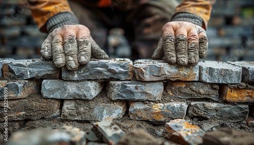A bricklayer constructs a stone wall using wood, ai technology
