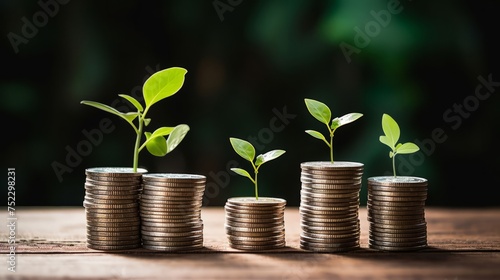 Stacks of coins with plants growing from them. Savings, stock market, financial planning