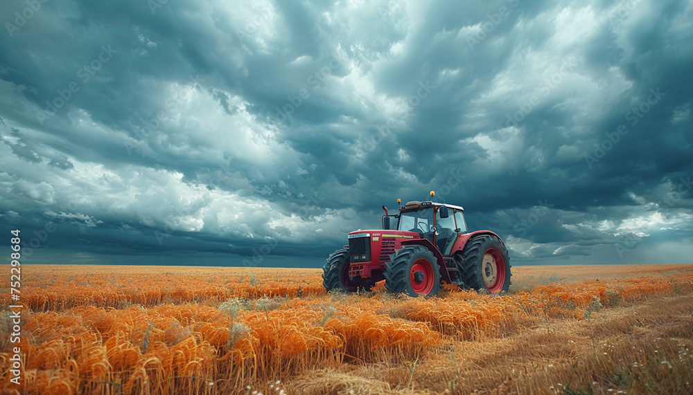 Fototapeta premium A powerful red tractor drives across a huge field under a dramatic stormy sky, ai technology