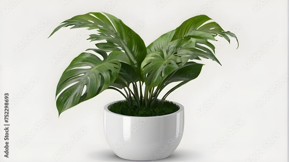 Green tropical palm leaf in modern geometric concrete planter isolated on white background. Green tropical palm leaf in modern geometric concrete planter isolated on white background.