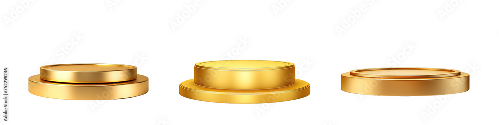 Collection of set Empty gold round Podium for product display presentation isolated on transparent background. PNG file, cut out Collection of set Empty gold round Podium for product display presentation isolated on transparent background. PNG file, cut out