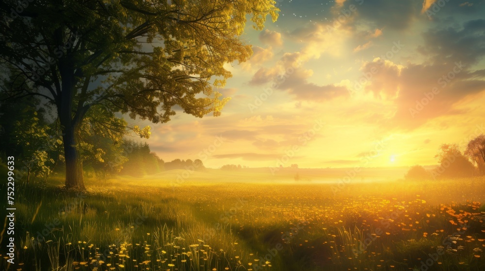 Golden Sunrise Over a Flower-Strewn Meadow With Lush Green Trees