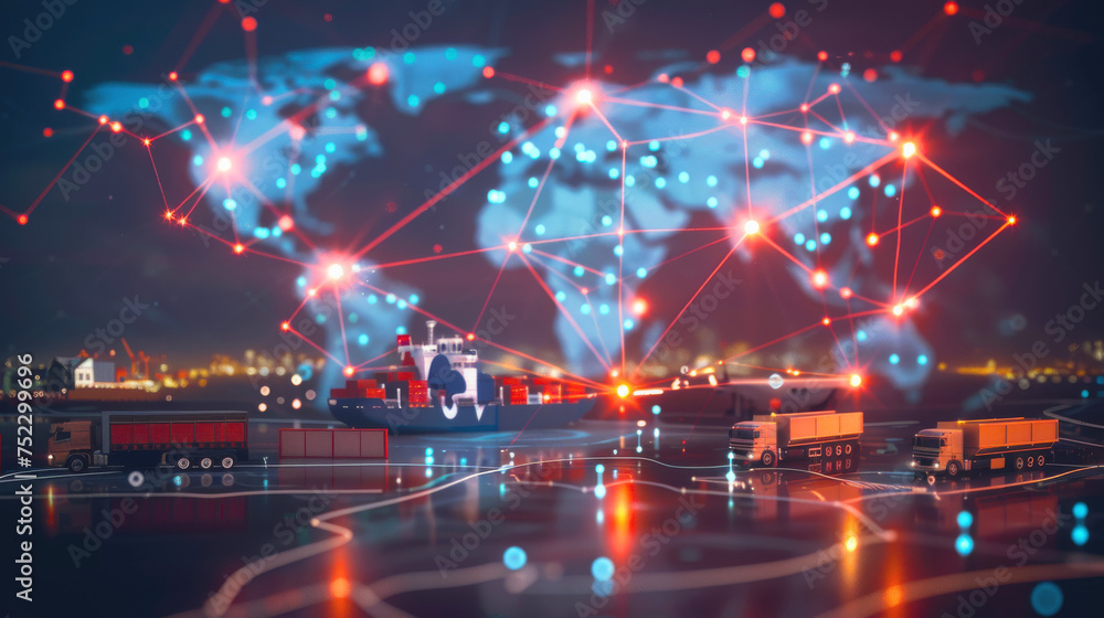 Network of digital connections overlaying a night cityscape, symbolizing smart city logistics and data-driven transportation solutions