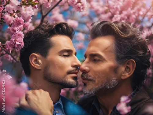 Two gay men express their feelings of love and affection to each other. Among tree blossoms, they are calmly happy and fulfilled with joyful tranquility.