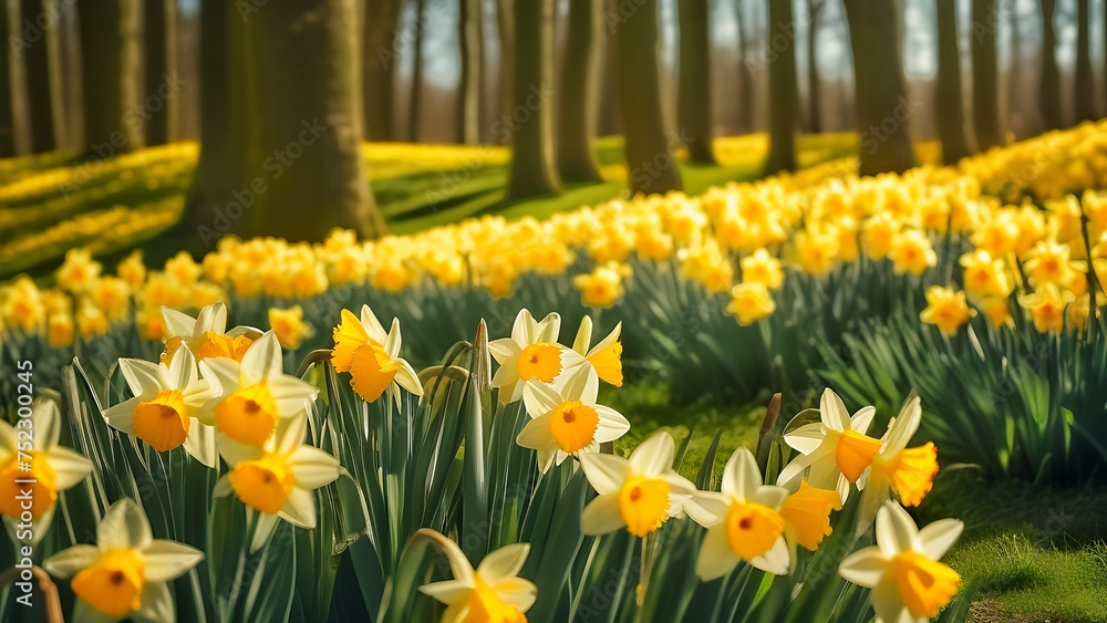 Yellow daffodils in the park. fields of daffodils. Good morning Yellow daffodils in the park. fields of daffodils. Good morning