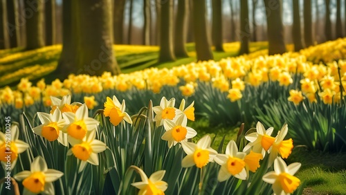 Yellow daffodils in the park. fields of daffodils. Good morning