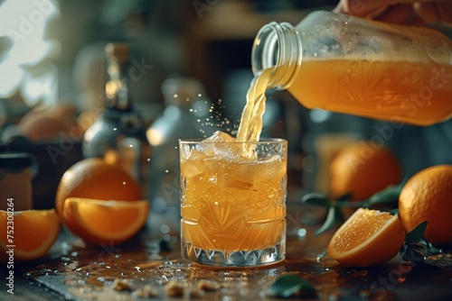 Fresh orange juice is being poured into an ice-filled glass, evoking a sense of freshness and vitality amidst a cozy setting