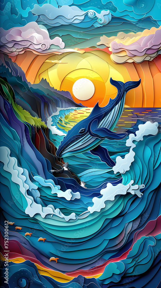 An azure whale gracefully swims in the painted waters of the ocean, creating a beautiful scene at sunset