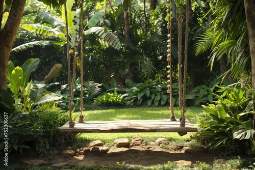 A picturesque setting featuring a wooden swing suspended with care in a verdant home garden  surrounded by a variety of lush plants and trees all bathed in the soft light of a tranquil spring morning.