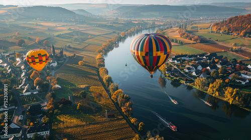 Two majestic hot air balloons gracefully float above a glistening river, casting colorful reflections on the water below