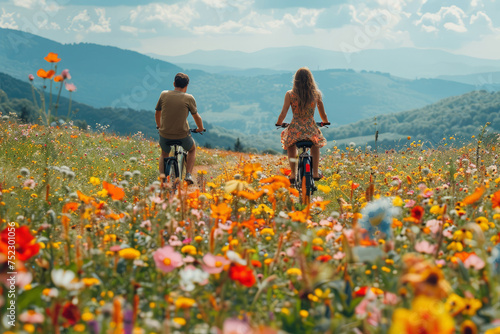 A man and a woman joyfully ride their bikes through a vibrant field of colorful flowers on a sunny day