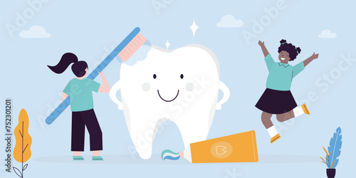 Little kid girls taking care of tooth. Purity brushing teeth with toothbrush and toothpaste. Cartoon female characters with healthy white tooth.