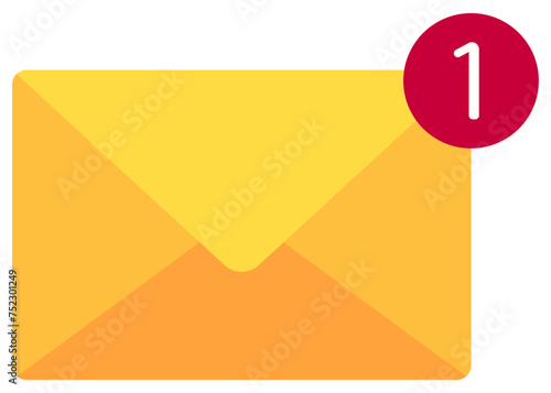 Simple yellow letter icon with one counter notification isolated on white background.