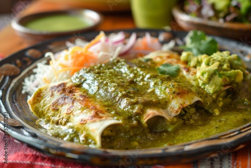 Green enchiladas Mexican food with guacamole restaurant market for advertising Fast Food menu