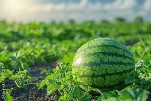 A large watermelon stands alone in the midst of a vast field  surrounded by the beauty of natures greenery under the bright sun