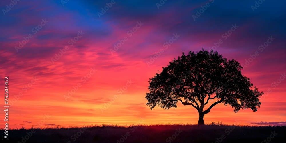 Silhouette of a tree against a vibrant sunset sky. Concept Nature Photography, Sunset Silhouettes, Tree Silhouettes, Outdoor Landscapes, Colorful Skies