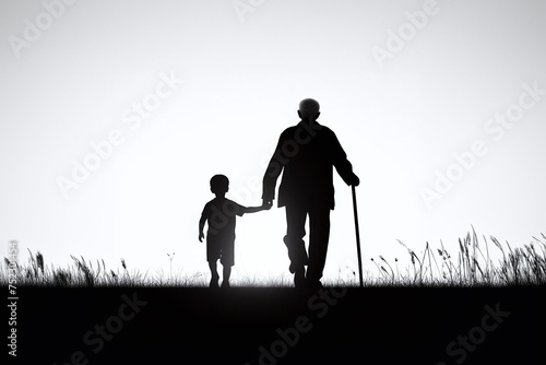 Old man and young boy walking on the path, concept of life and death, black and white, generative ai
