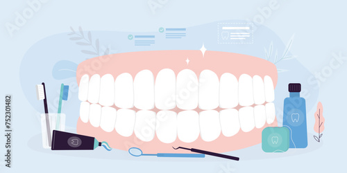 Gums with teeth or dentures. Dental prosthesis, tooth orthopedics sign, teeth image. Accessories for cleaning teeth - toothpaste, toothbrush, dental floss.