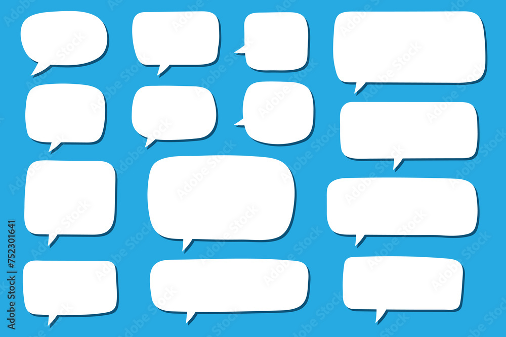 Set of hand drawn speech bubbles in rectangular shape. Speak bubble for text, cartoon chatting box, message box. Blank empty white speech bubbles. Set of hand drawn speech bubbles in rectangular shape. Speak bubble for text, cartoon chatting box, message box. Blank empty white speech bubbles.