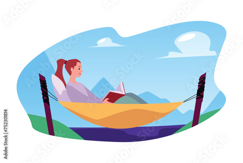 Person in hammock reading, vector illustration