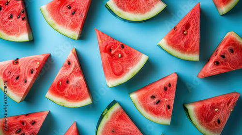 A colorful strict pattern of Watermelon slices cut into triangles on a blue background, Generative AI