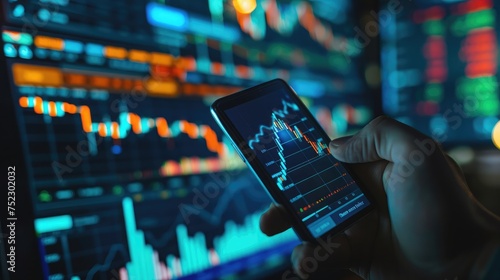 Stock exchange chart show price of stock market. global technology is many shareholder check price from board by smartphone. Trader watch economic news from internet for trade crypto Forex gold.