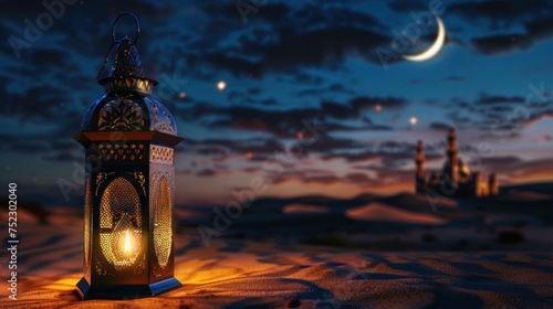 Majestic Desert Ramadan, Golden Lanterns Suspended Above Sands with Crescent Moon and Distant Mosque