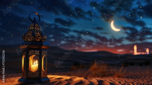 Golden Glow of Ramadan, Lanterns Hovering Above Desert Sands with Crescent Moon and Spectacular Mosque