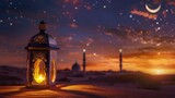 Glowing Desert Horizon, Golden Lanterns Creating Ethereal Atmosphere with Crescent Moon and Majestic Mosque