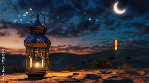 Celestial Ramadan Splendor, Golden Lanterns Above Desert with Crescent Moon and Mosque