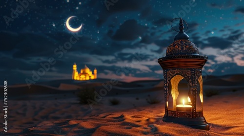 Ethereal Desert Majesty, Golden Lanterns Creating Enchanting Aura with Crescent Moon and Distant Mosque